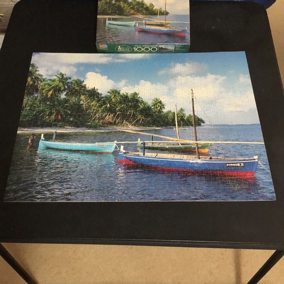 Vintage MB 1000 pc Puzzle FISHING BOATS, MALDIVES #4962-20 Tropical Ocean - Picture 5 of 6